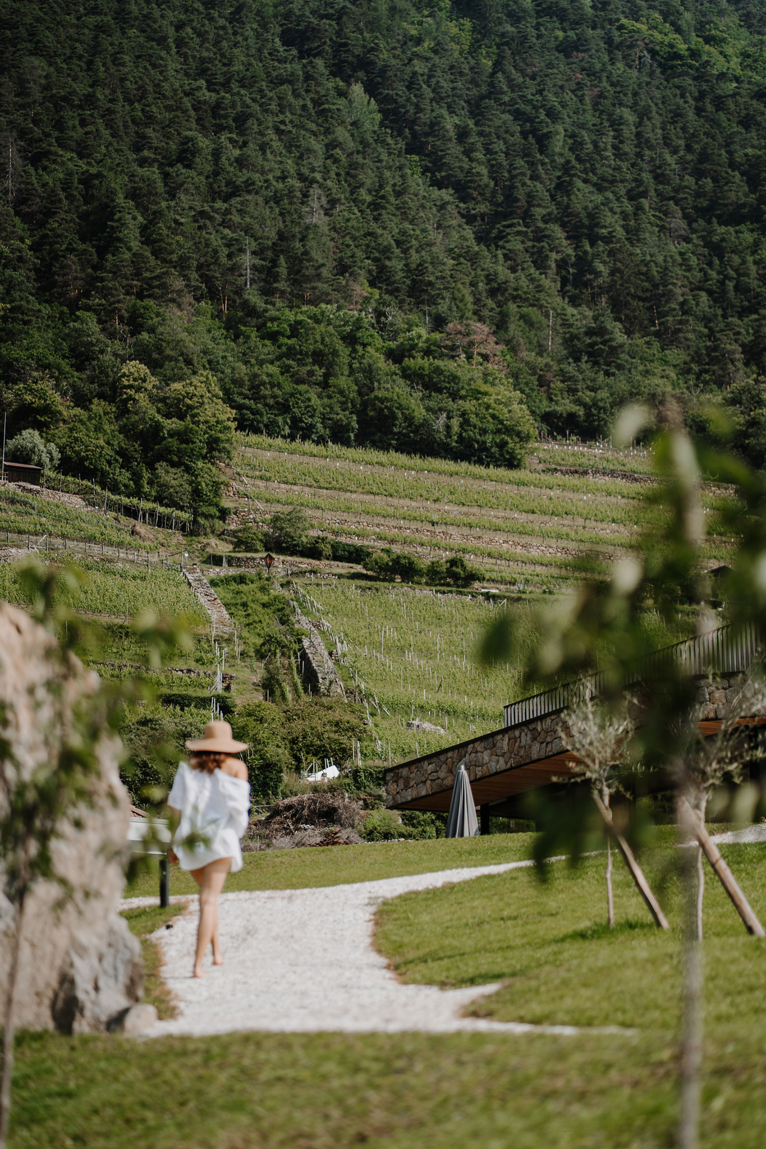 Garten beim Stollhof in Algund bei Meran mit Blick auf den Algunder Waalweg